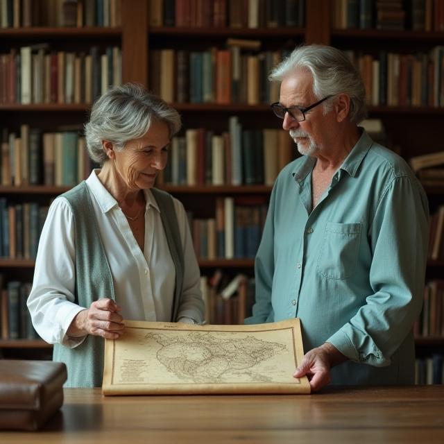 Founders looking over a historical map in a leafy London office