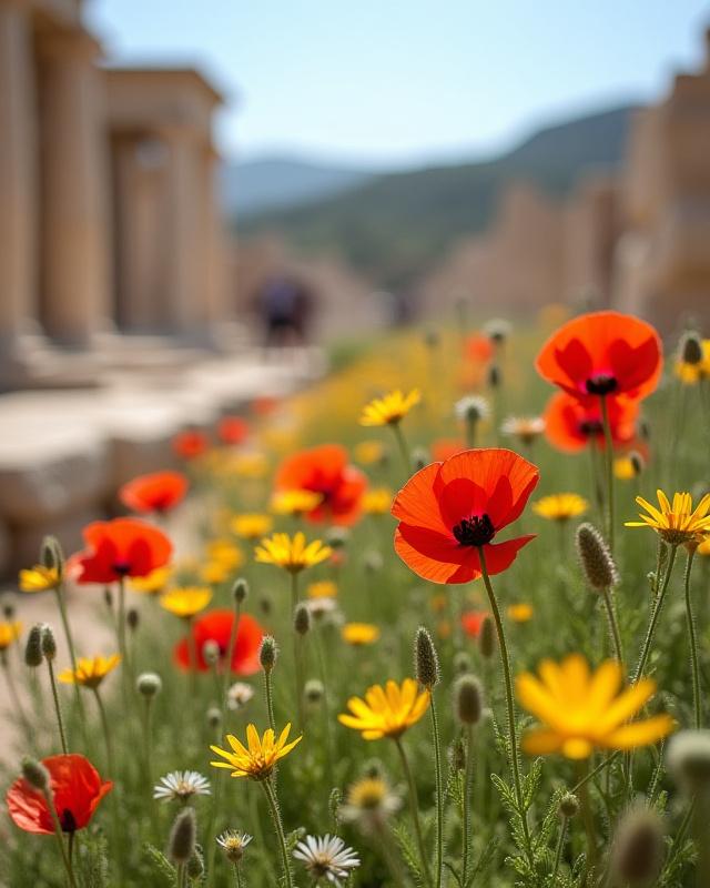 Wildflowers blooming amidst ancient ruins in Crete under a soft spring sun.