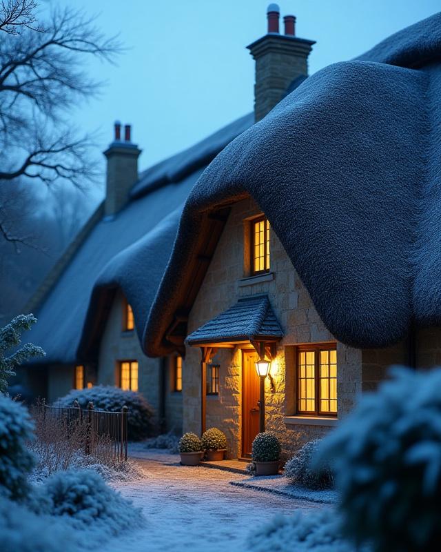 A charming stone cottage in the Cotswolds with smoke rising from the chimney against a crisp winter sky.