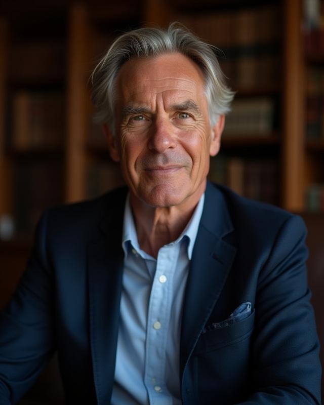 Portrait of Julian Vane, the lead consultant at Sapiens Roam, in a well-lit library.
